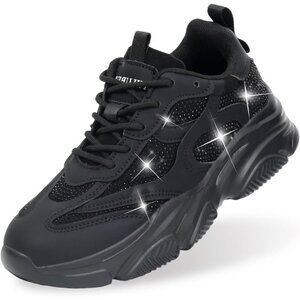 Women's Black Chunky Sneakers-Slip Lightweight Glitter Rhinestone